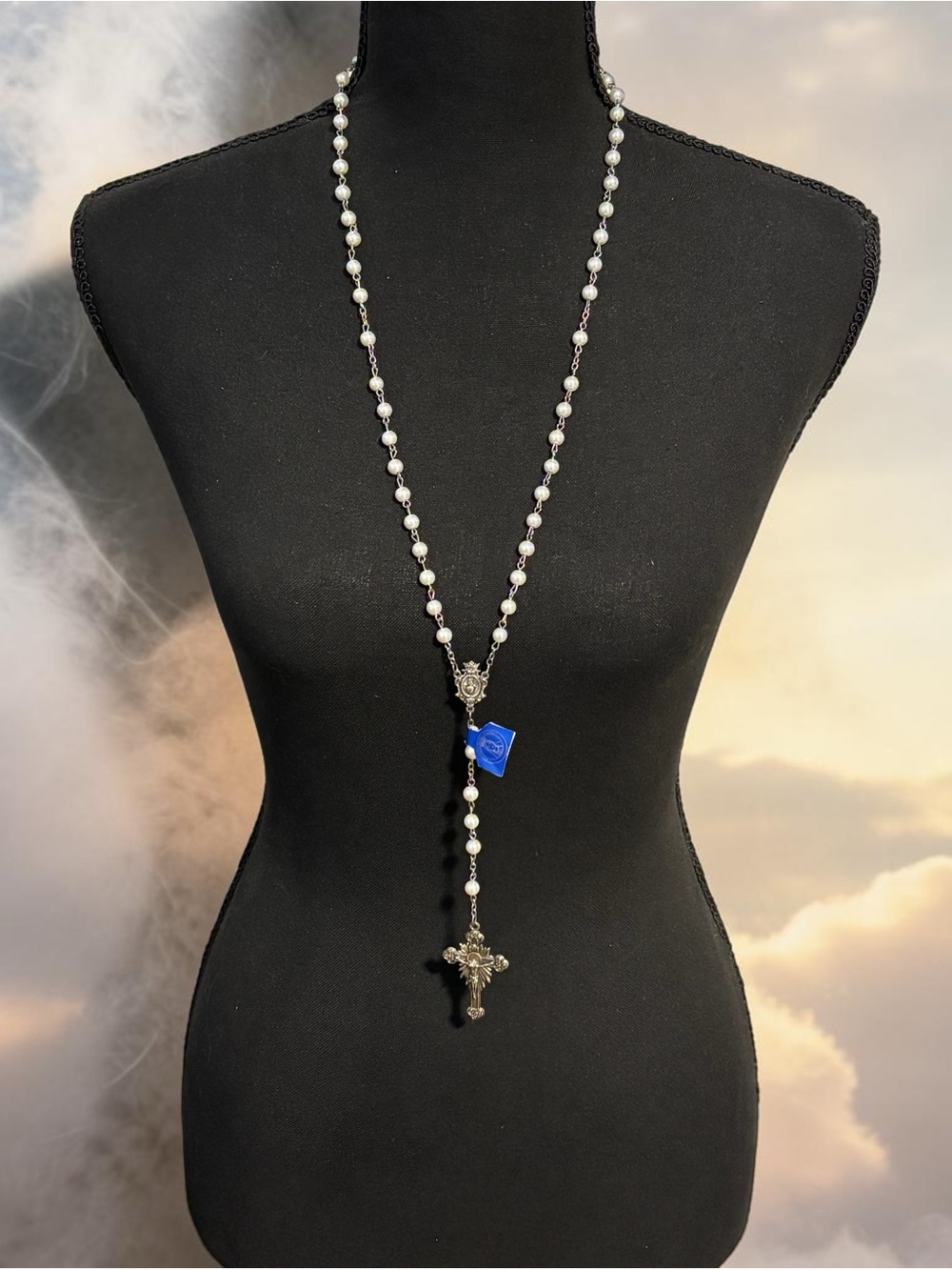 Pearl Rosary Necklace with Cross Pendant 28”